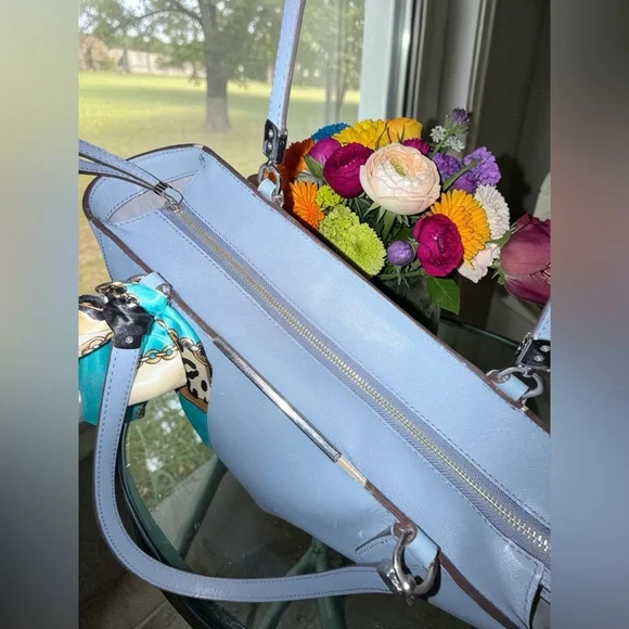 3FER Coach Light Blue Saffiano Leather Crossbody with Floral Print Accent - Picture 8 of 9